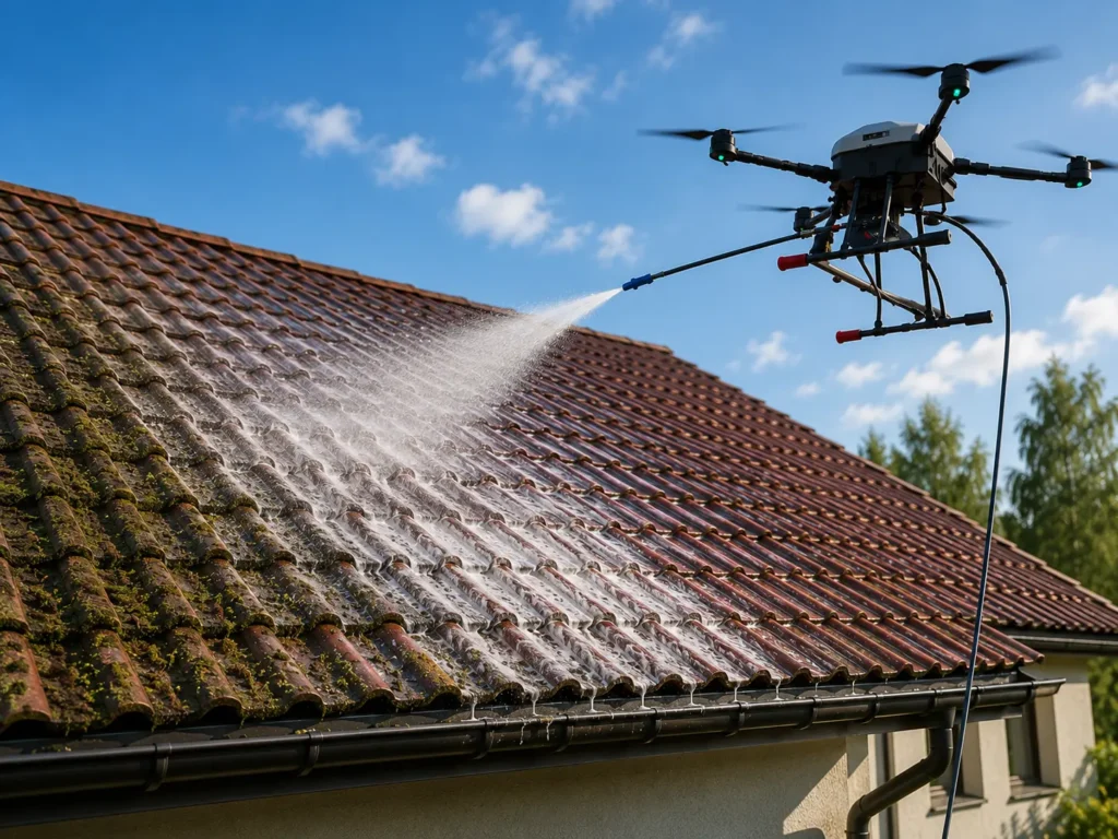 Pesutechi droon teostab katuse samblatõrjet soft washing meetodil, kandes biotsiidilahust ühtlaselt sammaldunud katusele.